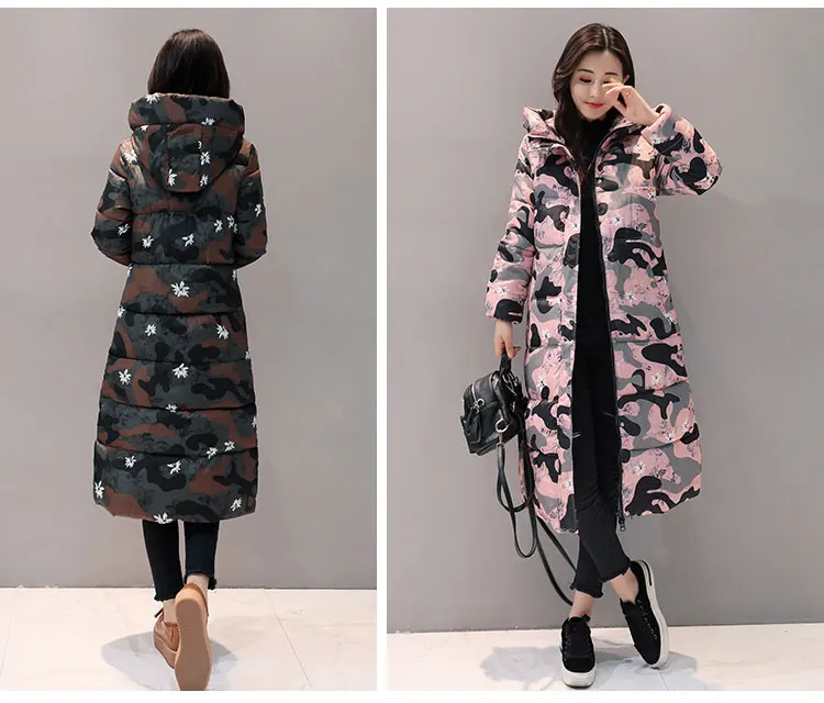Зимняя куртка, Женское пальто,, модный пуховик для женщин, с капюшоном, камуфляж, хлопок, теплая, утолщенная верхняя одежда, женский зимний пуховик