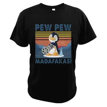 

Pew Pew Madafakas Penguins T Shirt Vintage Angry Animal Holding Guns Funny Digital Print Novelty Comfortable T-Shirt
