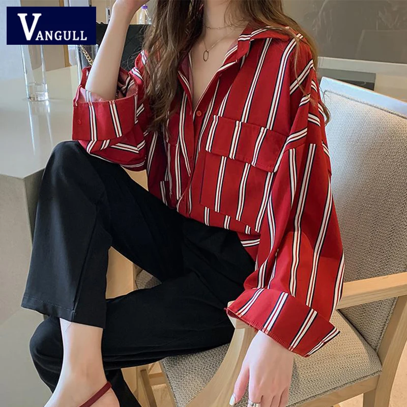 

Vangull Striped Women Shirts Loose Plus Size Women Tops 2020 Spring New Long Sleeve Turn-down Collar Casual Ladies Blouses