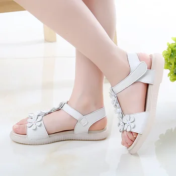 

HaoChengJiaDe Children's sandals for girls summer shoes Fashion flat flower princess shoes Soft bottom rubber White pink 27-37
