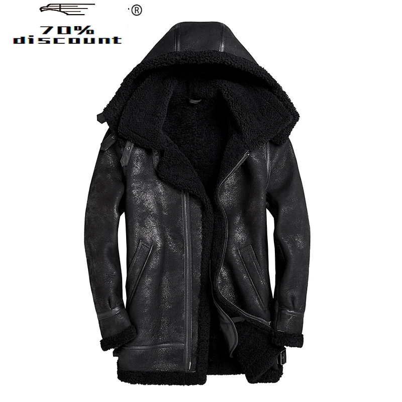 

Real Genuine Leather Jacket Men Hooded Winter Sheepskin Coat Vintage Real Wool Fur Coats Men's Leather Jackets KJ3295