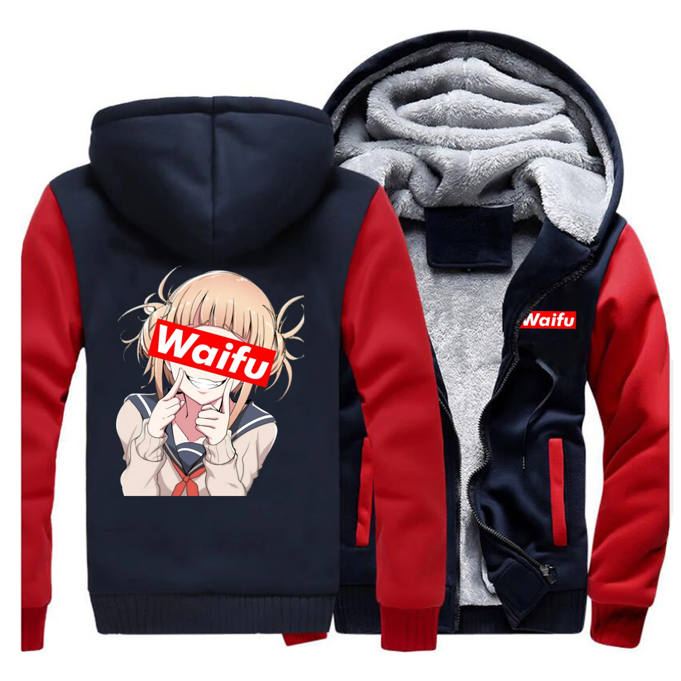Mans Japan Anime Waifu Print Jacket Hoodie Hip Hop Keep Warm Winter Fleece Hooded Fashion Male Casual Streetwear Sweatshirt - Цвет: Red Dark Blue