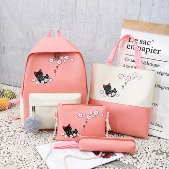 

4 Sets Women Laptop Backpack Ribbon School Bags Cute Teenage Girls Cat Backpack Student Book Bag Female suit
