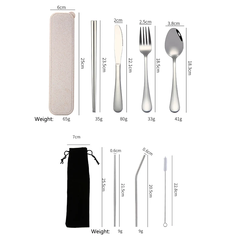 Dinnerware Set Travel Camping Cutlery Set Reusable Silverware With Metal Straw Spoon Fork Chopsticks And Portable Case