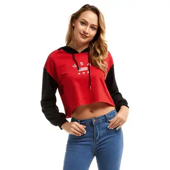 

Kureas Crop Hoodies Women Fashion Color Block Midriff Pullovers Casual Long Sleeve Hooded Sweatshirt Winter Autumn Crop Tops