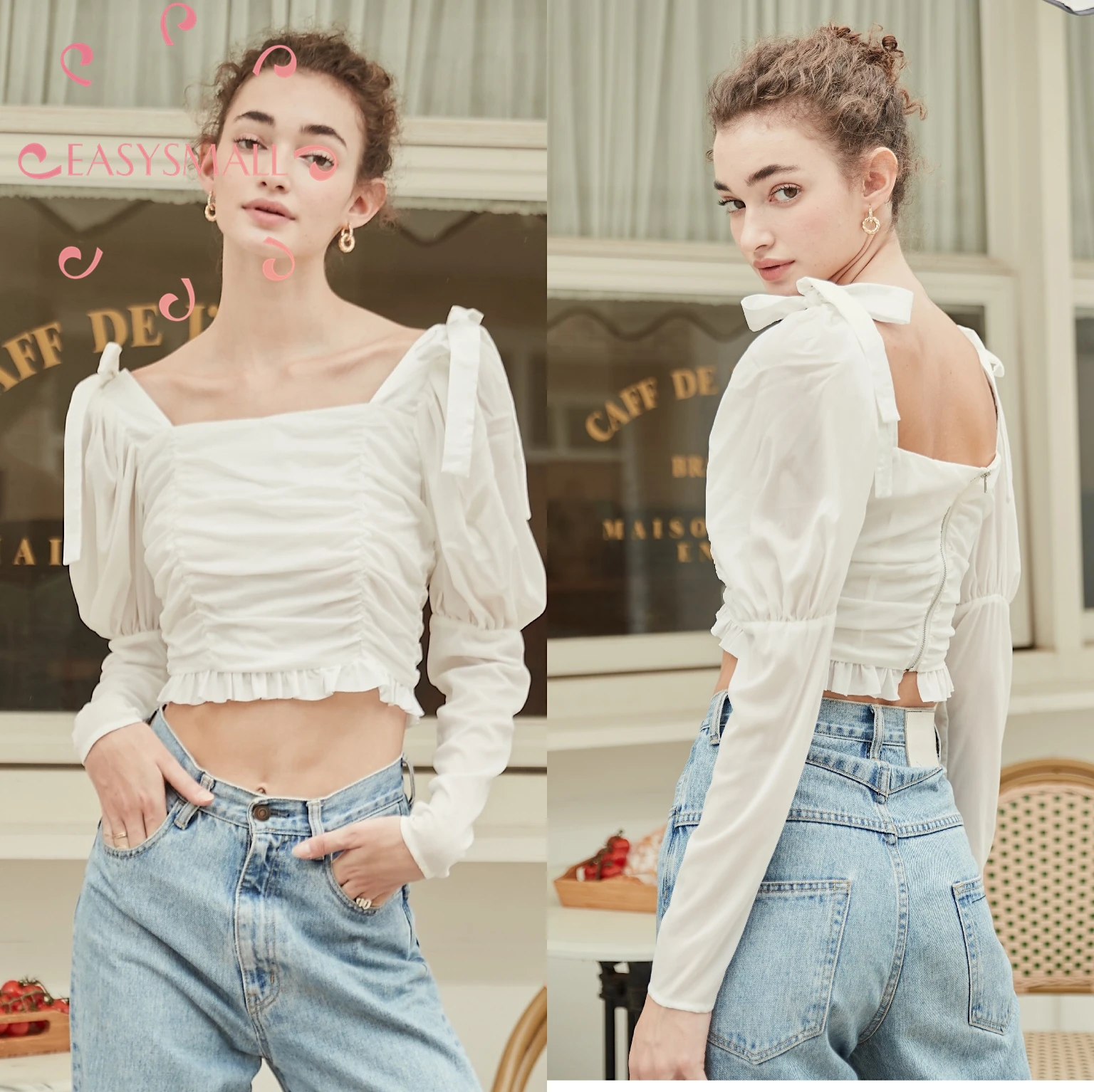 EASYSMALL for love lemons женское весеннее платье с квадратным воротником, Высококачественная уличная одежда с высокой талией, Длинные Блузки с пышными рукавами