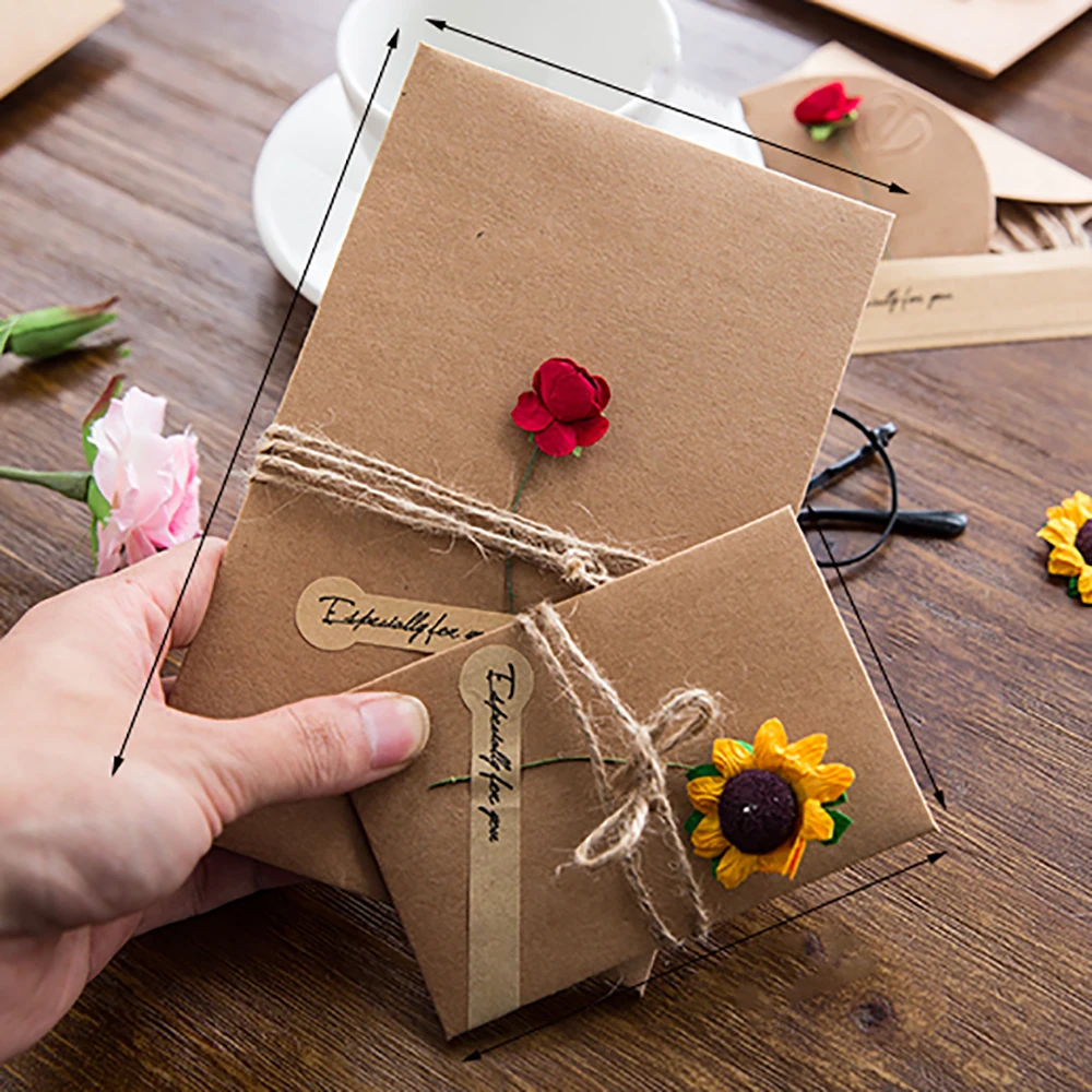  Lychee LIfe 3pcs Retro DIY Kraft Paper Invitation Greeting Card with Envelope Dry Flower Wedding Pa - 4000151948131