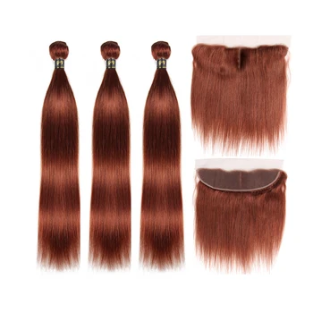 

33 Copper Red 3 Bundles With 4x13 Lace Frontal Straight Weave Bundles 8“-26“ Brazilian Human Hair Pre-Colored Hair Non-Remy IJOY