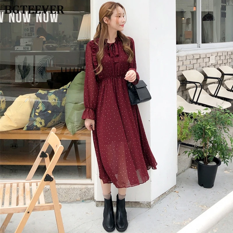 Comprar BGTEEVER Vintage Lace Up vestido impreso mujeres volantes gasa femenina Maxi vestido forro elegante Vestidos de fiesta mujer otoño 2019