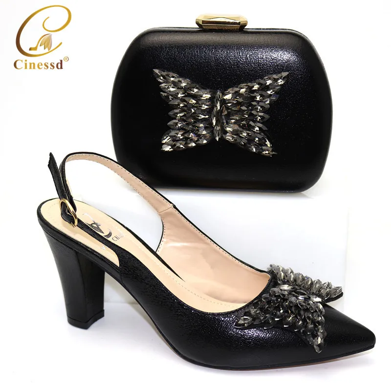 Black Color Ladies Italian Shoes and Bag Set Decorated with Rhinestone African Wedding Shoe Sets | Обувь