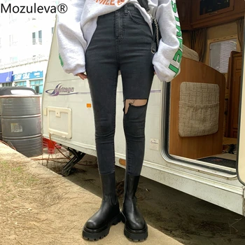 

BornSra Women Ripped Holes Trousers Black Jeans Elastic High Waist Skinny Denim Jeans Winter Casual Stretch Pencil Pants Female