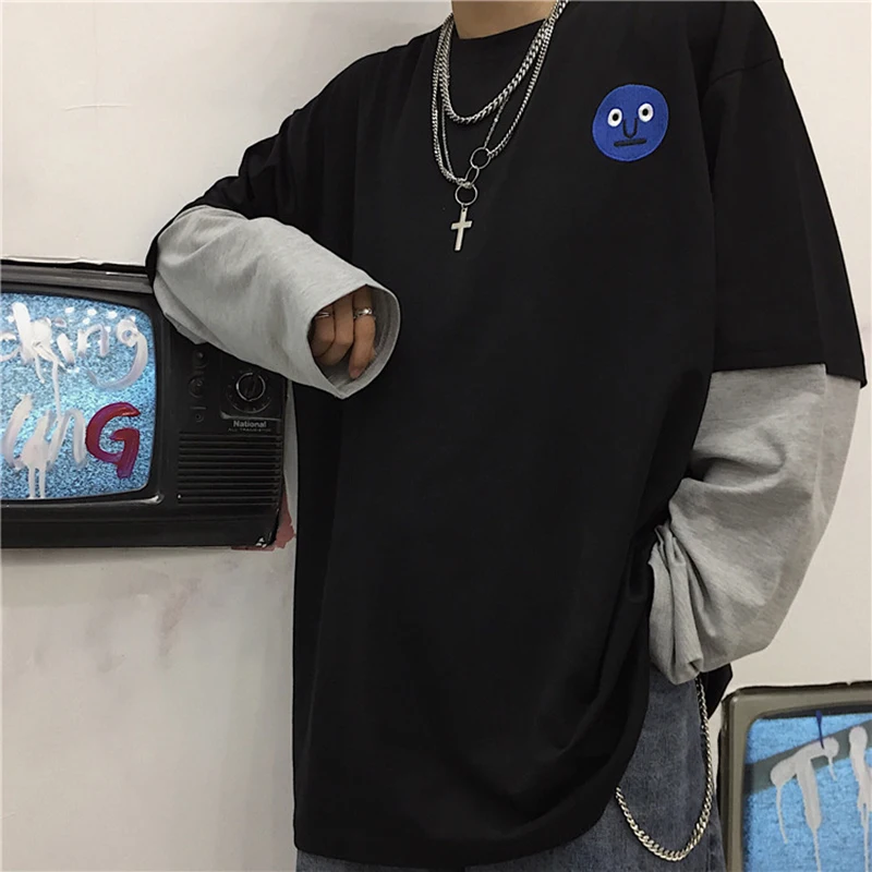 men clothes 2019 long sleeve t shirt men Smiley embroidery streetwear camisas hombre Oversize  Solid Patchwork hip hop t shirt