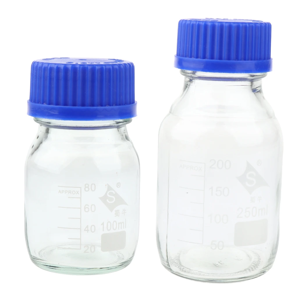 2 Pcs Reagent Storage Bottle Clear High Hardness Glass Graduated Screw Cap 250/100ml