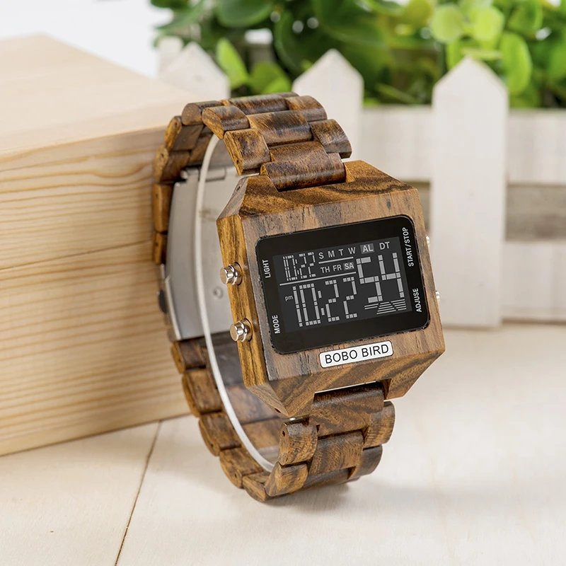 BOBOBIRD Multi-function Digital Watch Luxury Wood Men Timepiece Wristwatch erkek kol saati LED Display with Wooden Box L-S30