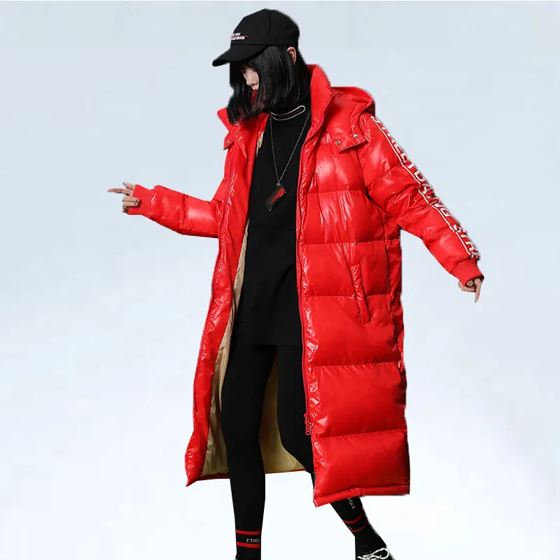 

Shiny Winter Jacket Women Long Hooded Parka Loose Outwear 2019 Fashion Plus Size Down Jackets Thick warm Padded Coats Ladies