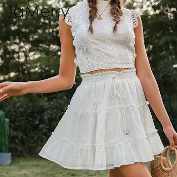 

JaMerry Vintage ruffled two piece set high waist skirt with top Elegant holiday lace mini skirt set streetwear short skirts tops