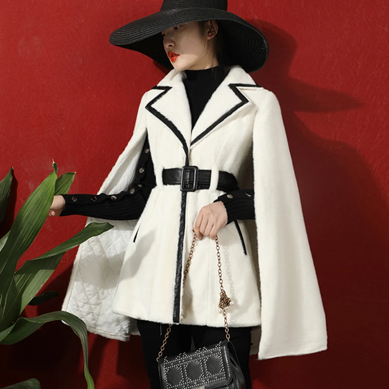 CHICEVER Patchwork Hit Color Woolen Coats For Female Lapel Collar High Waist Shawl Elegant Jackets Women Fashion Autumn New