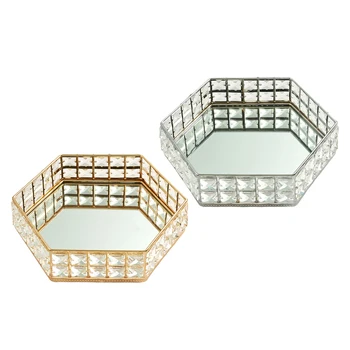 

Hexagonal Mirrored Iron Cosmetic Organizer Tray Cake Dish Display Dresser Decor Jewelry Storage