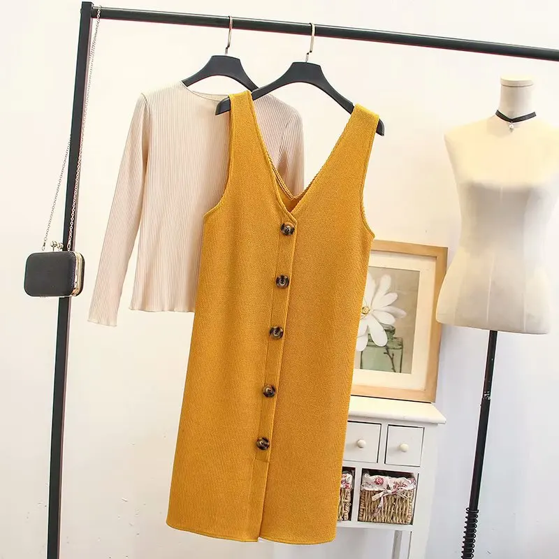 

K2 Large Size Dress 2018 Autumn And Winter New Style Fat Mm Loose-Fit Knitted Vest Set 8853