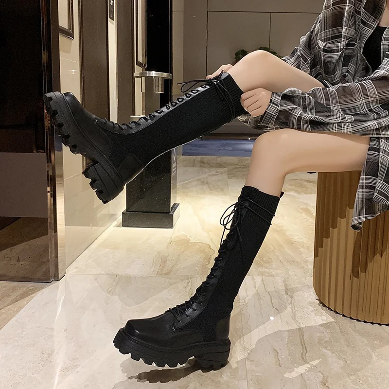 Botas de hasta la rodilla para mujer, zapatos informales de cuero PU con cordones, suela gruesa, Botas Largas antideslizantes, bonitos