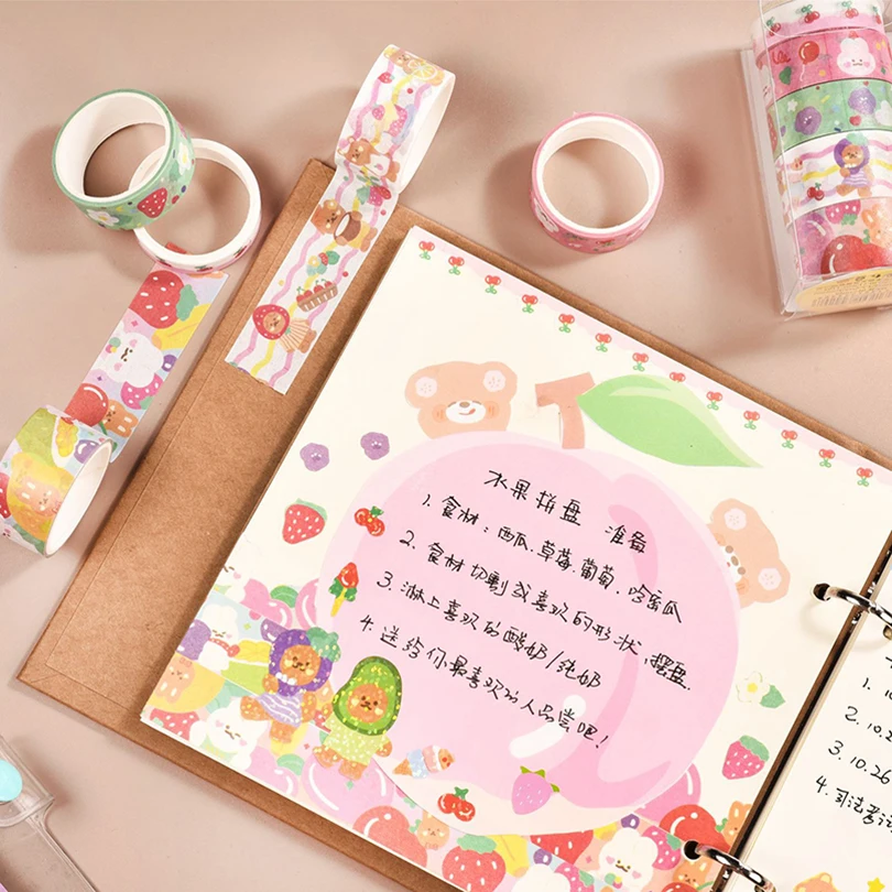 Kawaii 와시 테이프 세트, 스크랩북 워시테이프, 한국 문구류 저널 용품, 장 접착 마스킹 테이프, 5 롤