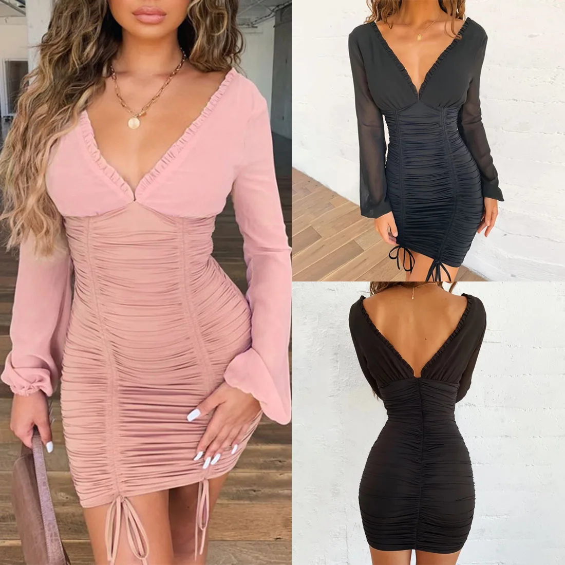 Kadınlar Seksi Derin V Boyun Bodycon Düz Elbiseler Bayanlar Femme Seksi Retro Ince Uzun Kollu Backless Kalem Mini Elbise Parti s L|Dresses| - AliExpress