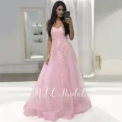 Vestido de festa 2019 нежно-розовый тюль кружева вечернее платье без бретелек линии длиной до пола Длинные женские Дешевые праздничные платья