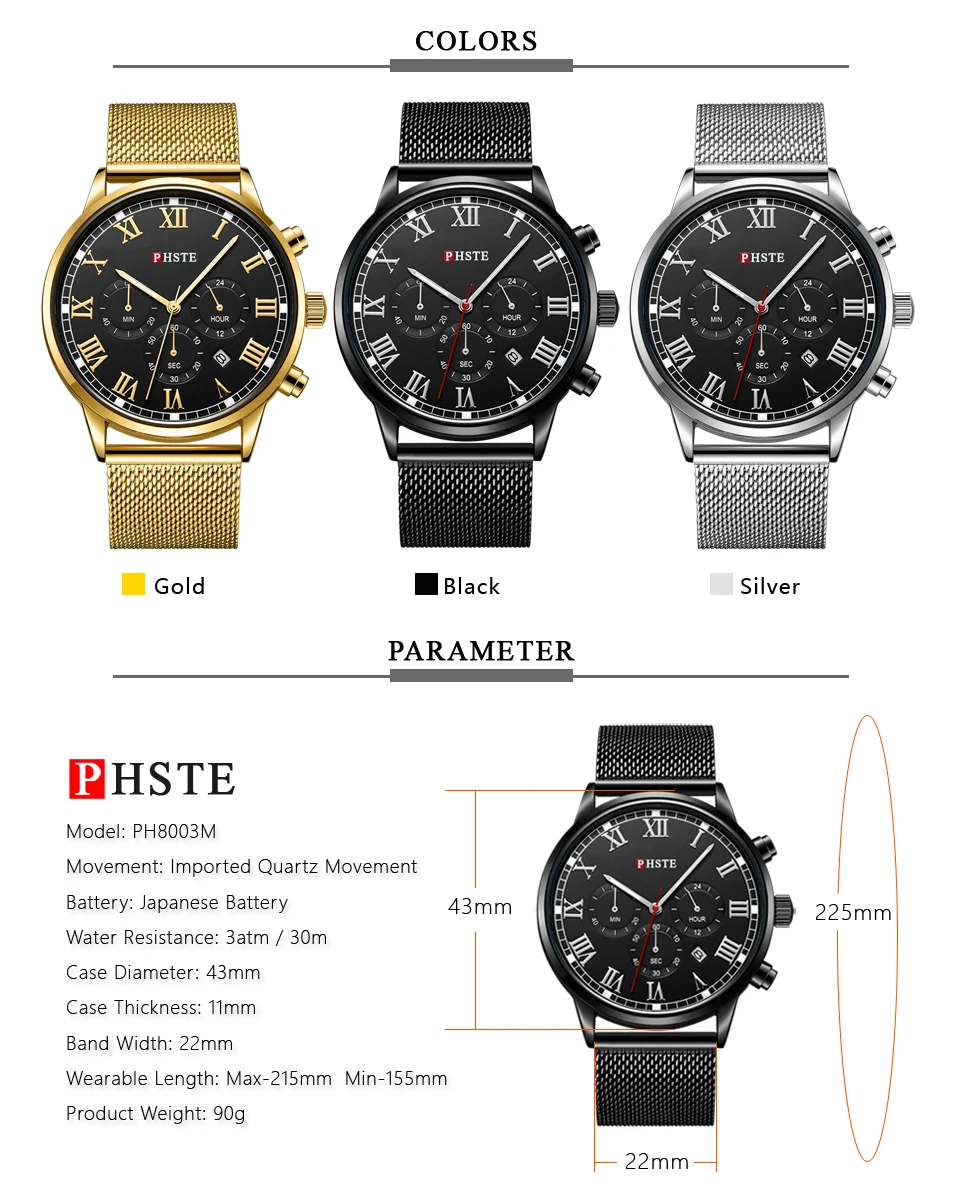 PHSTE мужские часы с хронографом кварцевые аналоговые светящаяся Дата часы водонепроницаемые брендовые Роскошные Мужские золотые стальные сетчатые наручные часы мужские