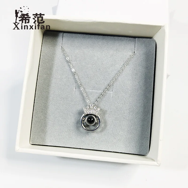 

S925 Fine Silver Crown Projection Necklace Women's Choker One Hundred Language I Love You Douyin Celebrity Style Lettering