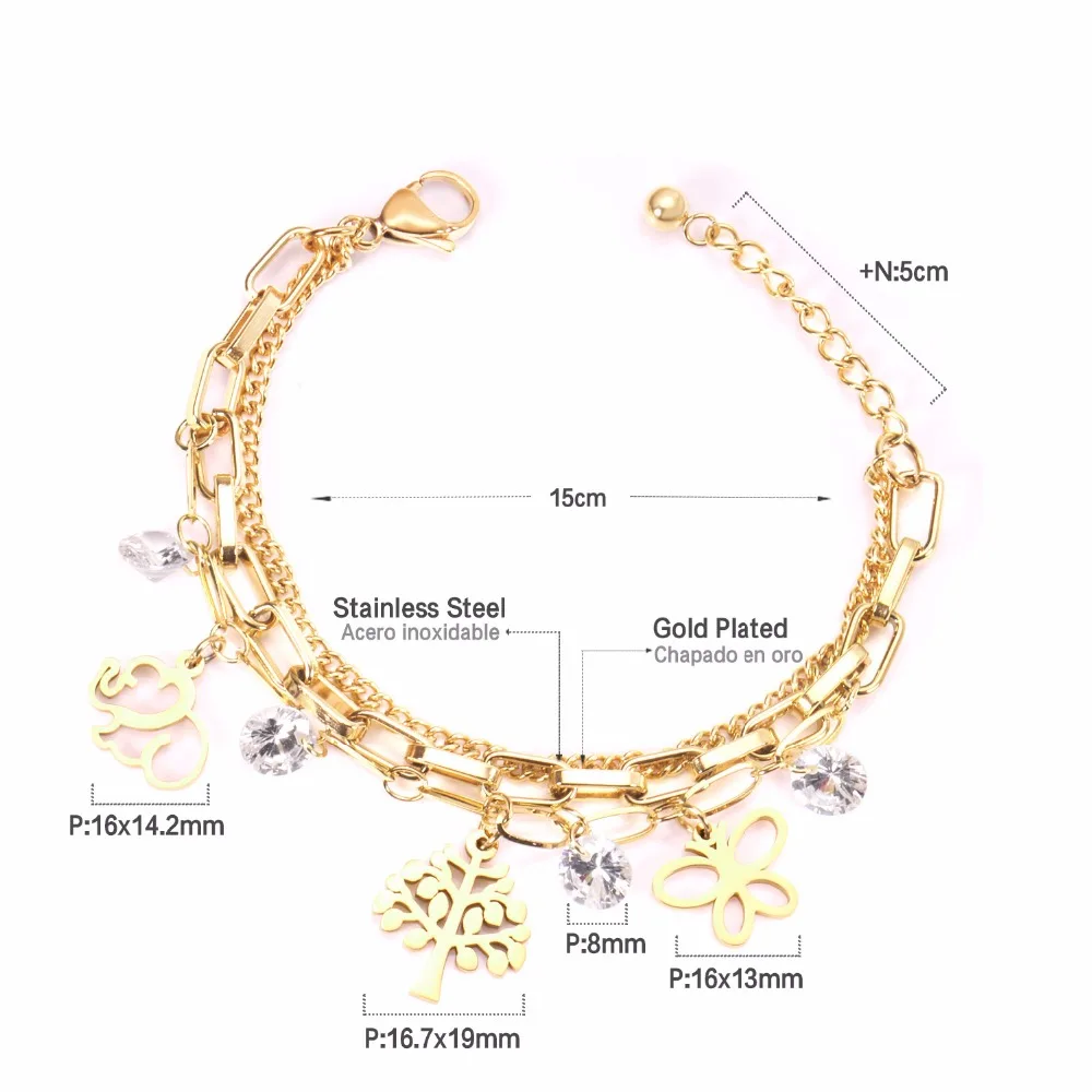 Роскошные браслеты из золотой цепи Дерево Сердце талисманы браслет из нержавеющей стали для женщин/девочек Femme рождественские ювелирные изделия браслеты
