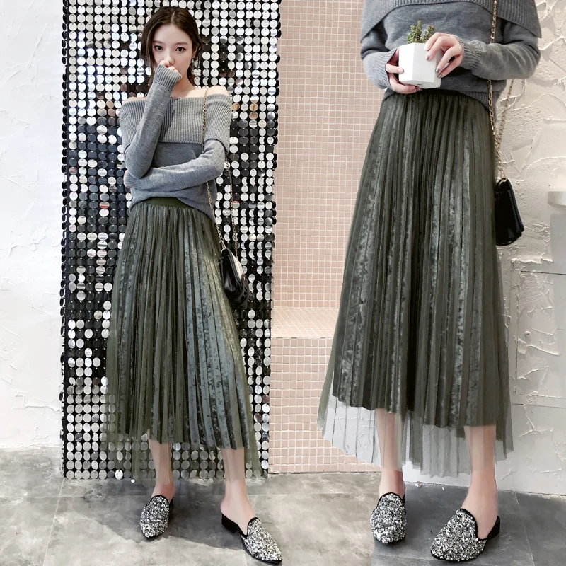

New Autumn Winter Pleuche Pleated Skirt Shiny Fabric Gauze Net Patchwork Pleuche Long Pleated Skirt High Waist Elegant Skirt