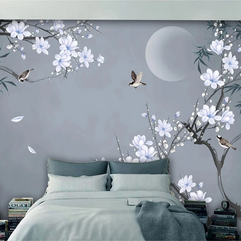 Photo Wallpaper Chinese Style Hand-painted Bamboo Leaf Magnolia Flowers  Birds 12D Wall Murals Living Room Bedroom Wall Painting