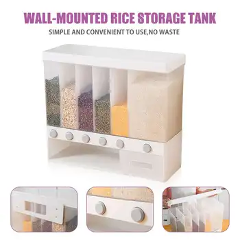 

10KG Wall Mounted Divided Rice and Cereal Dispenser 6 Moisture Proof Plastic Automatic Racks Sealed Food Storage Box