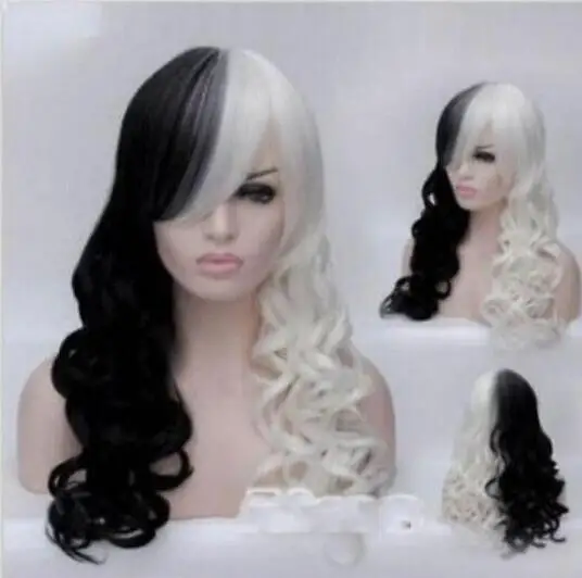 

Free Shipping New fashion Women Cruella Deville Cosplay wig Black White Synthetic Long Cur