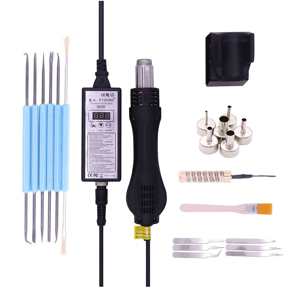 Tanie Wysokiej jakości 220V przenośna przeróbka bga stacja lutownicza dmuchawa gorącego powietrza opalarka 8858 lepsza ręczna gorąca wiatrówka 6 sztuk dysza