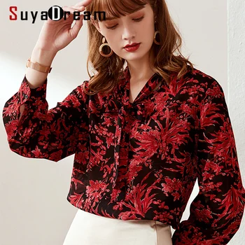 

SuyaDream Women Printed Bow Collar Blouses 95% Silk Crepe Long Sleeved Office Blouse Shirt 2019 Office Lady Shirts