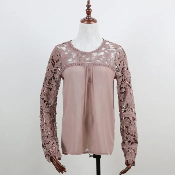 Pop Women Summer T-shirts Long Sleeves Lace Round Neck Hollow Out Patchwork Pullover Pop 88