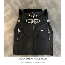 Новая зимняя Ретро трендовая юбка с карманами на молнии из искусственной кожи с поясом и высокой талией