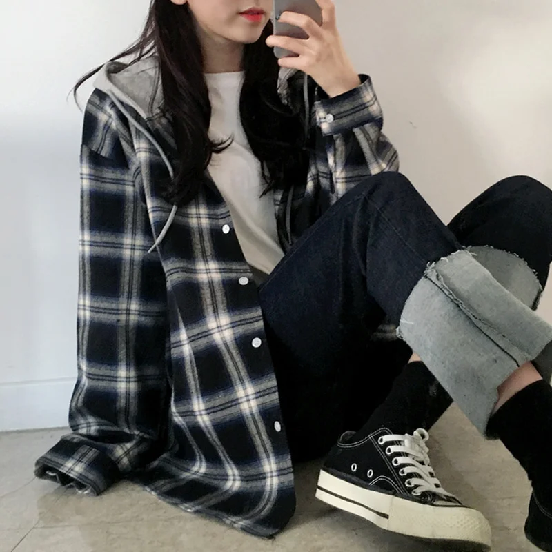 

Spring Autumn Oversized Plaid Blouse Shirts Women Korean Loose Long Sleeve Hooded Tops Female Chic Harajuku Streetwear Blusas
