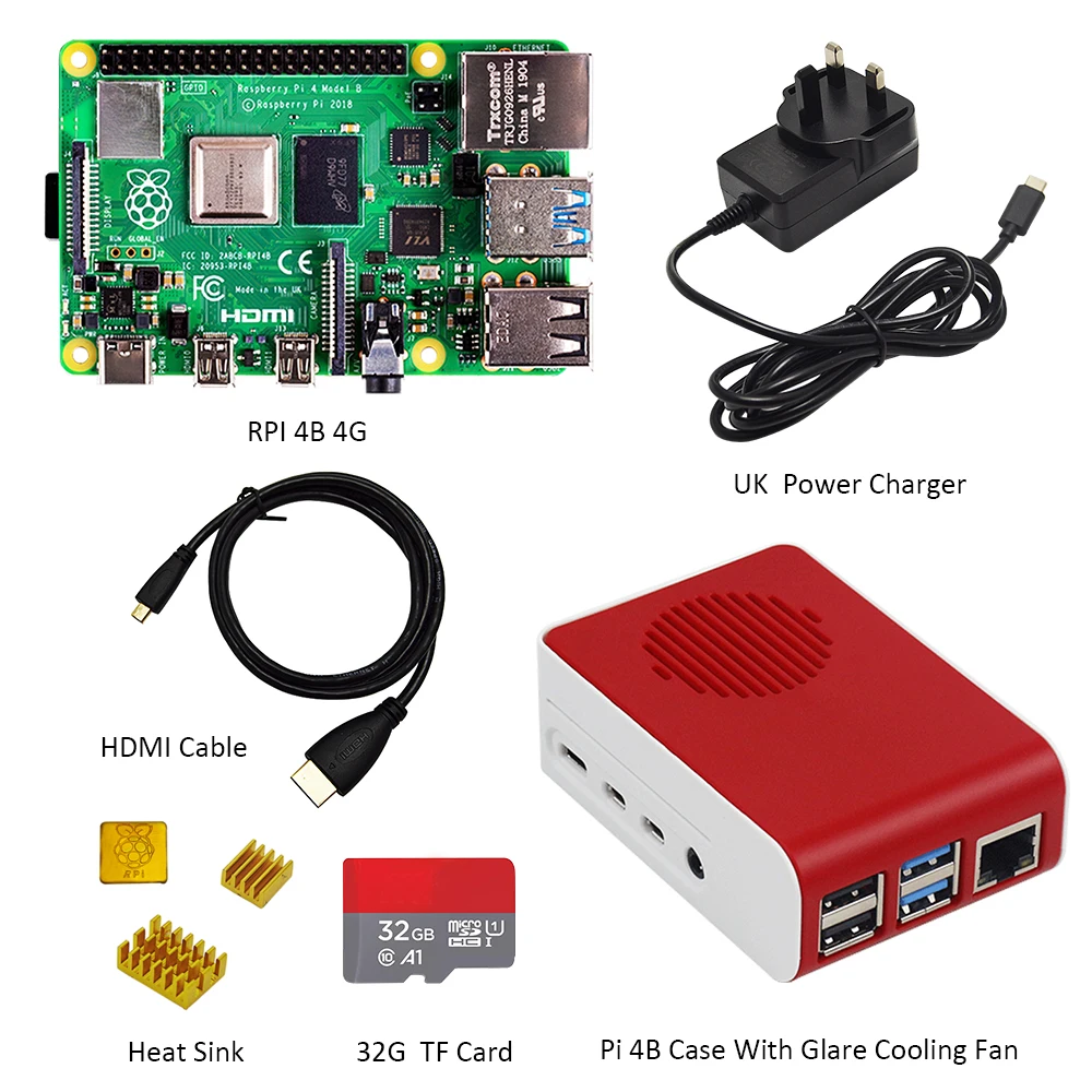 Billige Original Raspberry Pi4 Modell B Kit 4GB RAM + fall mit fan + EU US UK Typ  C 5 V 3A Power ladegerät + HDMI kabel + 32G tf karte + kühlkörper