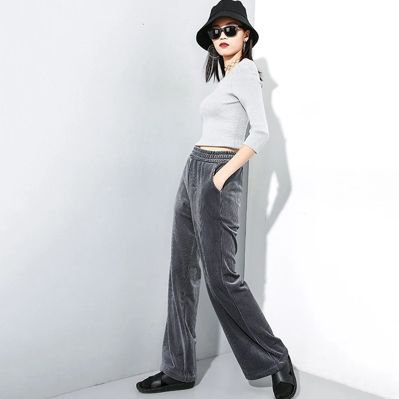 [EAM] High Elastic Waist Black Long Velvet Wide Leg Trousers New Loose Fit Pants Women Fashion Tide Spring Autumn 19A-a25