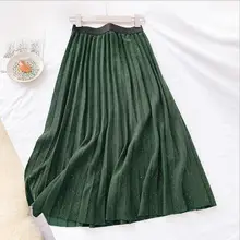 Qooth Skirt Spring Autumn Women's High Waist Pleated Solid Color Knitting Cotton Skirts Promotions Lady Black Skirt qh2018