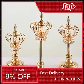 

Luxury Crown Candlestick Golden Metal Candle Holders Props Crystal Wedding Table Centerpieces Candle Stand Lantern Decorations