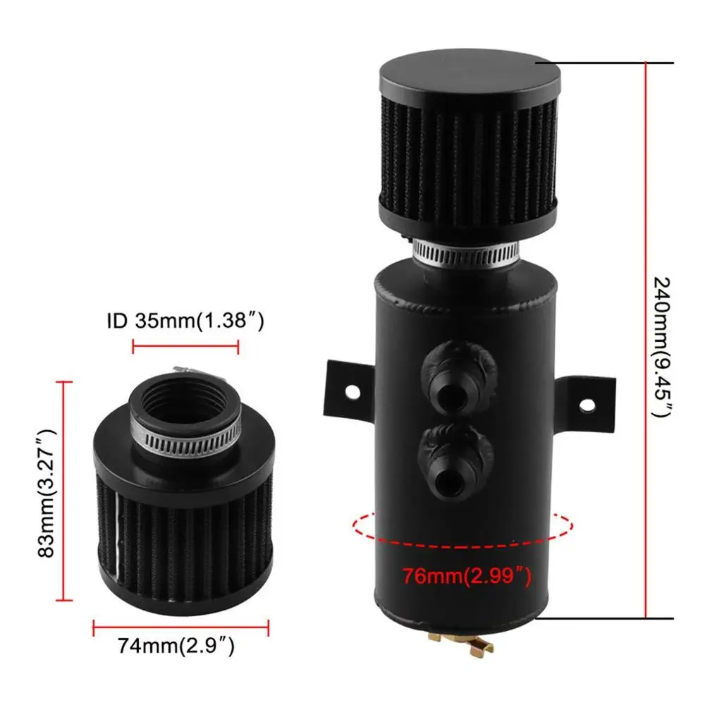 0.75L Auto Excellent Baffled Engine Oil Catch Can with 2xAN10 Twin Port Breather Filter Vehicle Aluminum Reservoir Tank