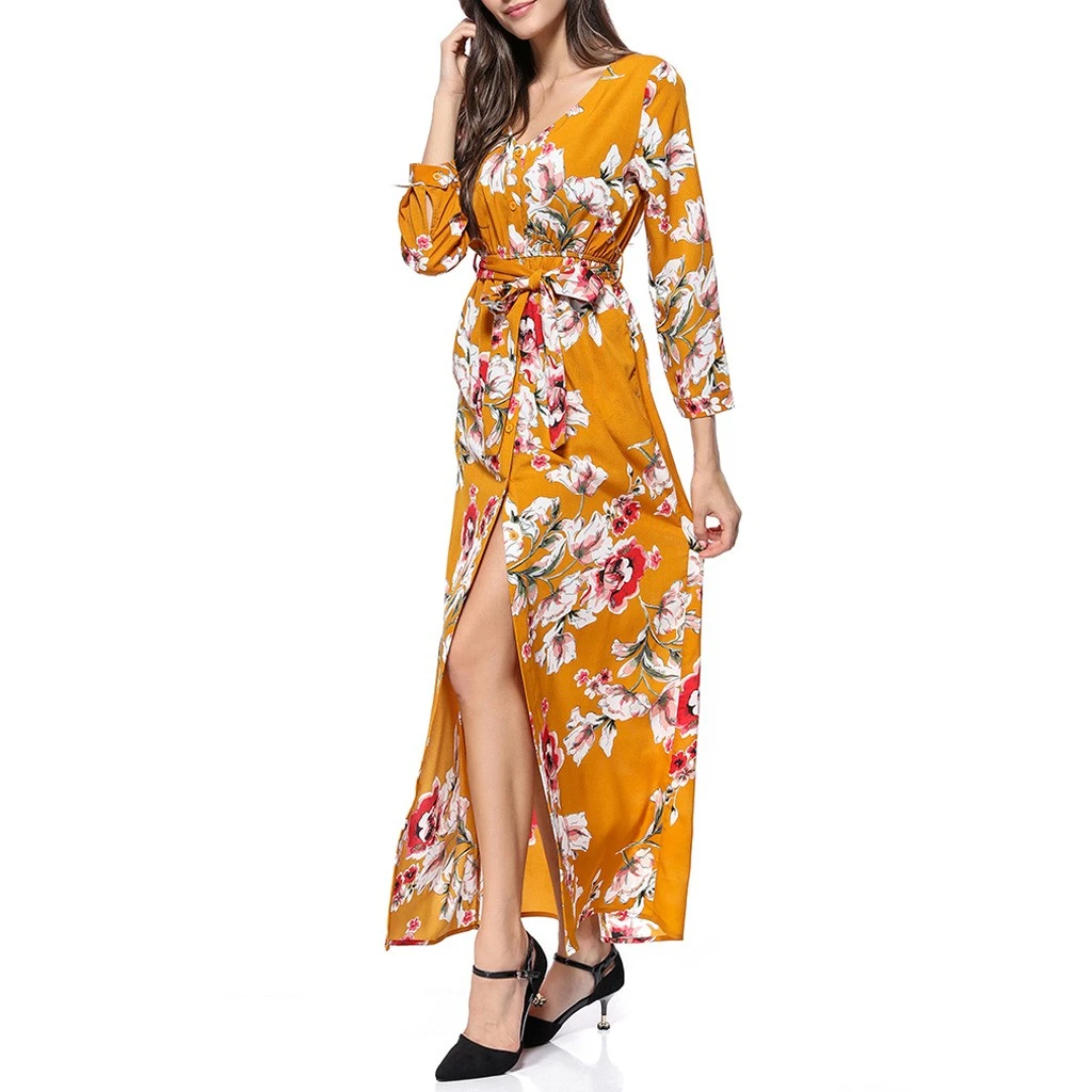 Loose Dresses Long Sleeve Winter Bohemian Beach Women Floral Print  Runway Dress Autumn Party Night Sundress Vestidos 822