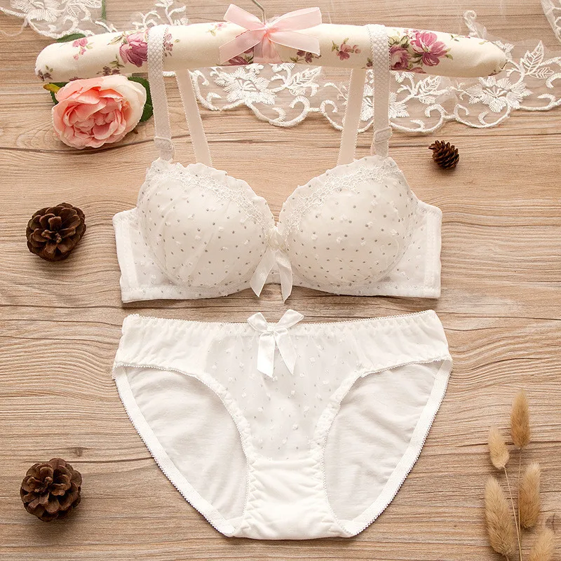 Maiden Cotton Underwear Set Lace Floral Bra Suits for Women Small Cup Students Lingerie Cute Bars Triangle Panties 2Pcs Outfits bra and panty sets Bra & Brief Sets