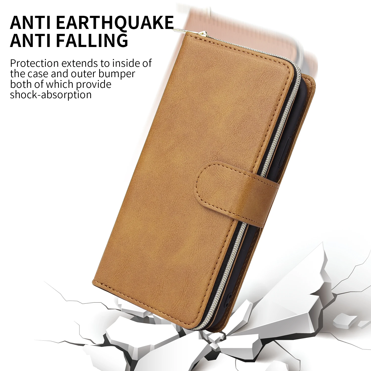 Luxury Leather Flip Wallet Phone Case with Card Slots and Zipper