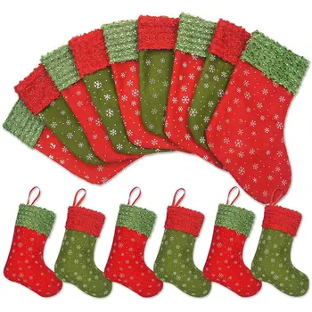 

12 packs of 9 inch snowflake mini Christmas stockings gift card holder, small rustic red green Christmas tree decoration set