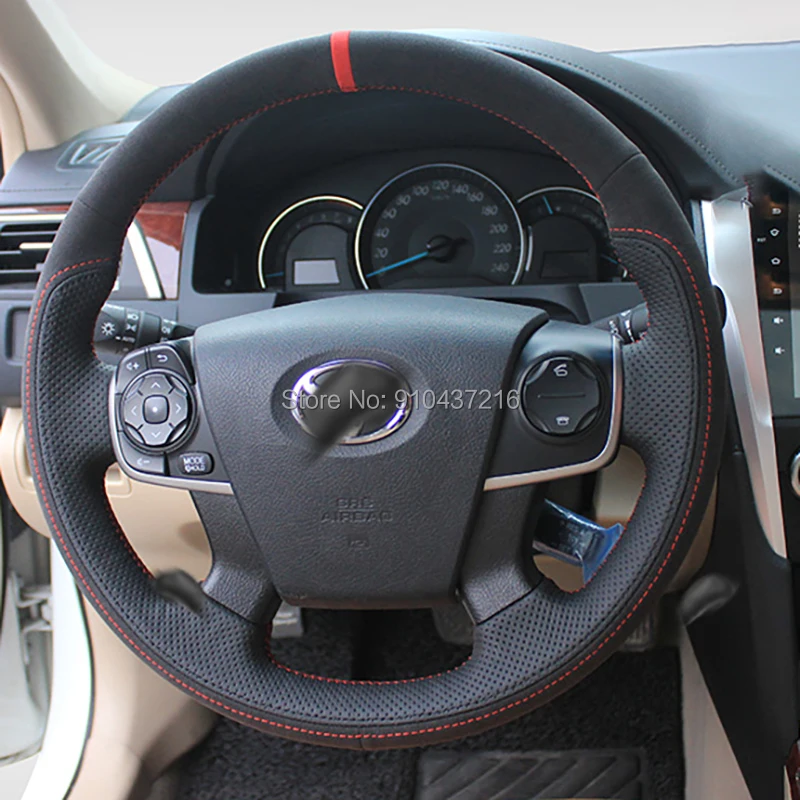

For Toyota CAMRY 7th DIY Black Perforated Suede Leather Hand sewing Steering Wheel Wrap Cover