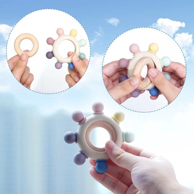 Baby Hand-Held Toys Baby Wooden Ring Teether Molar Toys Particle Feel Food-Grade Silicone Material BPA Free Customizable teething toys baby teething toys